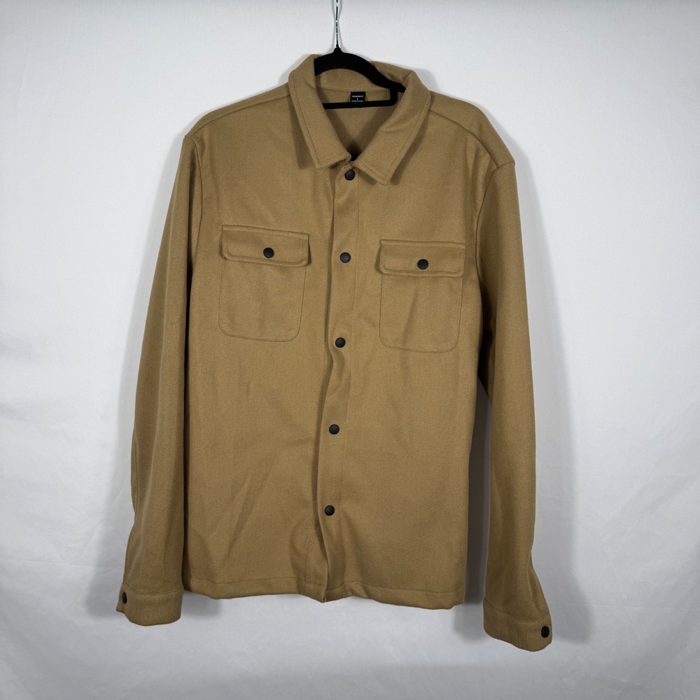 Manfinity Mens L Khaki Shirt Jacket Button Up Long Sleeve Pockets